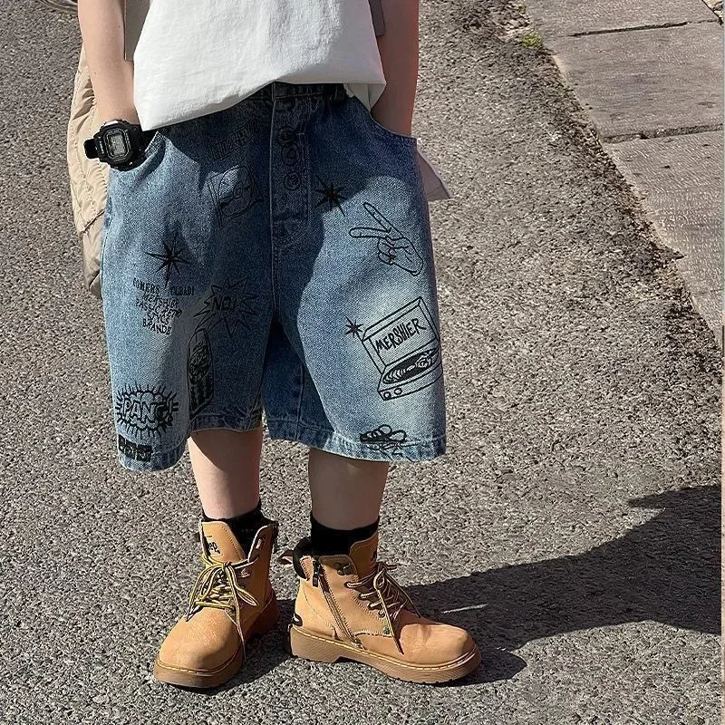 

Boys Summer Thin Loose Denim Five-point Pants Kids Fashion Graffiti Denim Shorts Trousers Teen Casual Jeans Children's Clothing