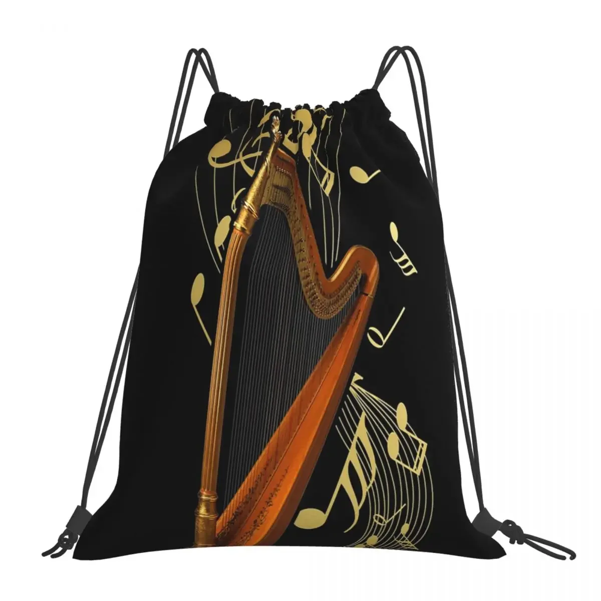 Harp And Music Note Art Backpacks Casual Portable Drawstring Bags Drawstring Bundle Pocket Shoes Bag BookBag For Travel Students