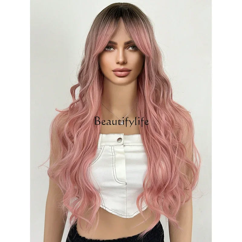 Wig Women's Sweet Pink Medium Long Curly Hair Synthetic Fiber Heat Resistant Eight Character Bangs