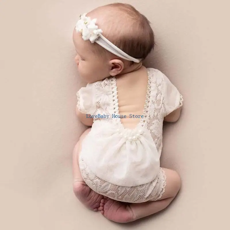 

BX0D Newborn Baby Photography Props Girls Lace Romper Jumpsuit Headband Set Outfits