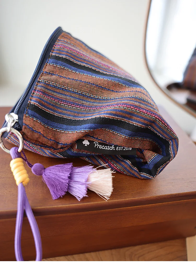 Bunt gestreifte Fransen-Anhänger-Make-up-Tasche im Ethno-Stil für Damen, mit Reißverschluss, für Reisen, tragbare Aufbewahrungstasche, Innenfutter-Tasche, Clutch – Detail 8