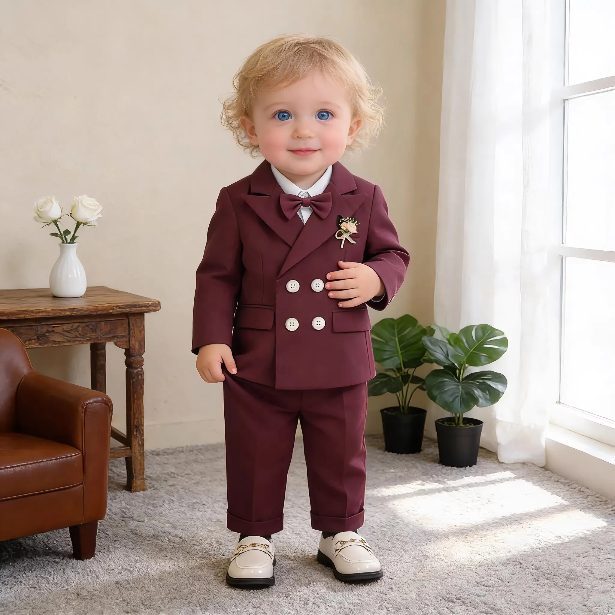 Kids 5Pieces Red Suit Set With Jacket Vest Pants Bowtie Brooch Flower Boys Wedding Dress Children's Birthday Photogrphy Outfit 