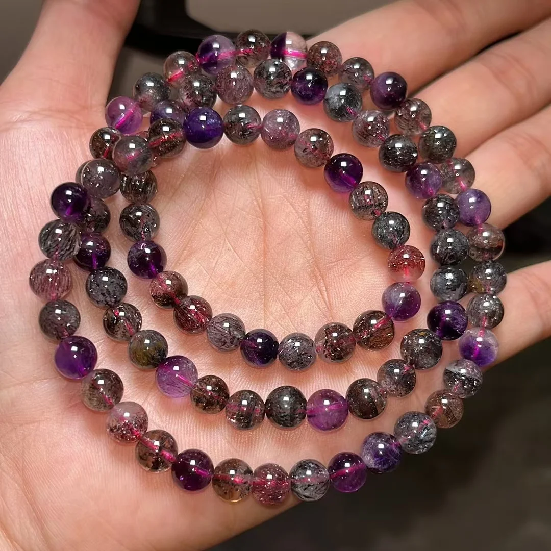 Natural Colorful Super Seven 7 Lepidocrocite Quartz Bracelet 6.8mm Clear Round Beads 14.3mm Women Men AAAAAAA