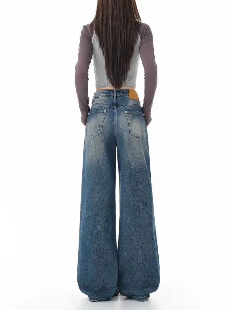 Preto de cintura alta calças de brim femininas vintage em linha reta casual baggy punk hip hop y2k rua americana perna larga calças jeans femininas