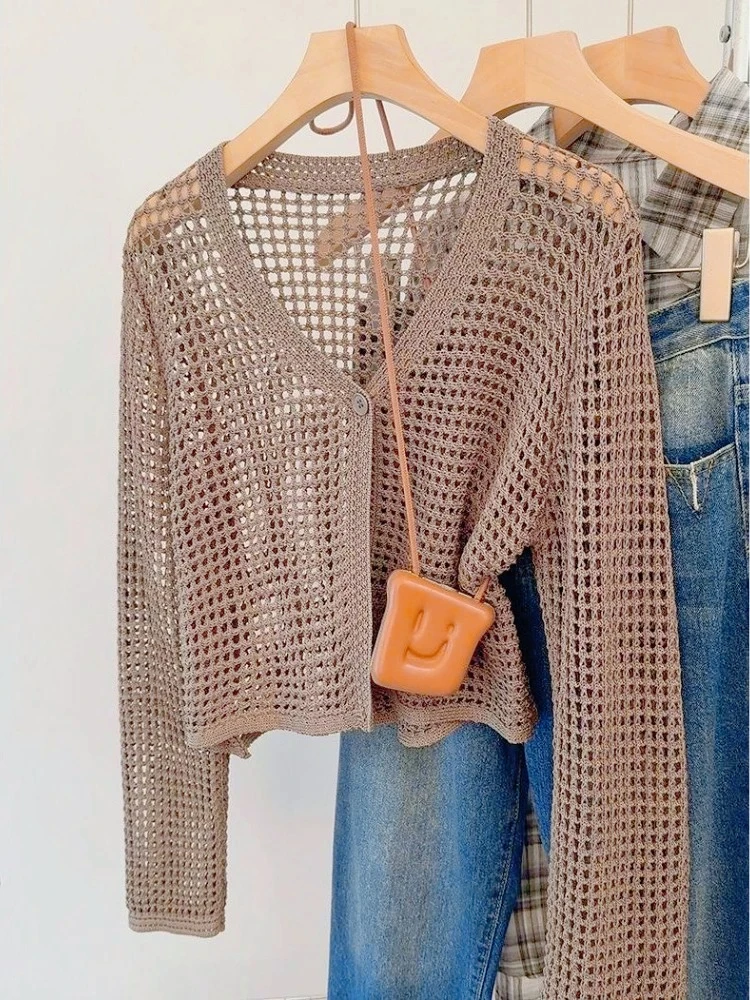 

Женская новая сетчатая верхняя одежда на пуговицах, укороченные топы, тонкие полые повседневные солнцезащитные рубашки, винтажный свитер с длинными рукавами, кардиган, летний