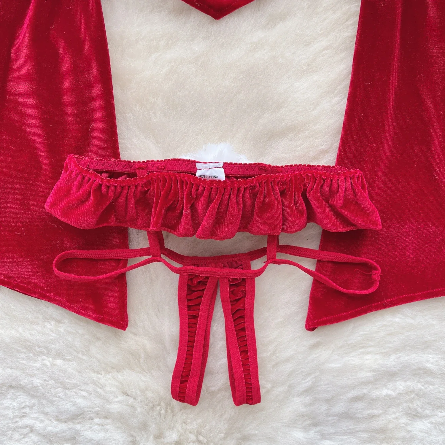 النساء القطيفة مثير الدعاوى قبالة الكتف طويلة الأكمام قمم السروال Christmax المثيرة HotSweet 3 قطع المخملية منامة مجموعة