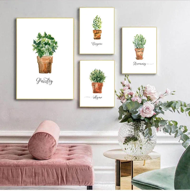 1pc frameless Canvas painting Watercolor Herb Collection Kitchen Wall Art Canvas Posters Prints Decor Oregano Thyme Rosemary Par
