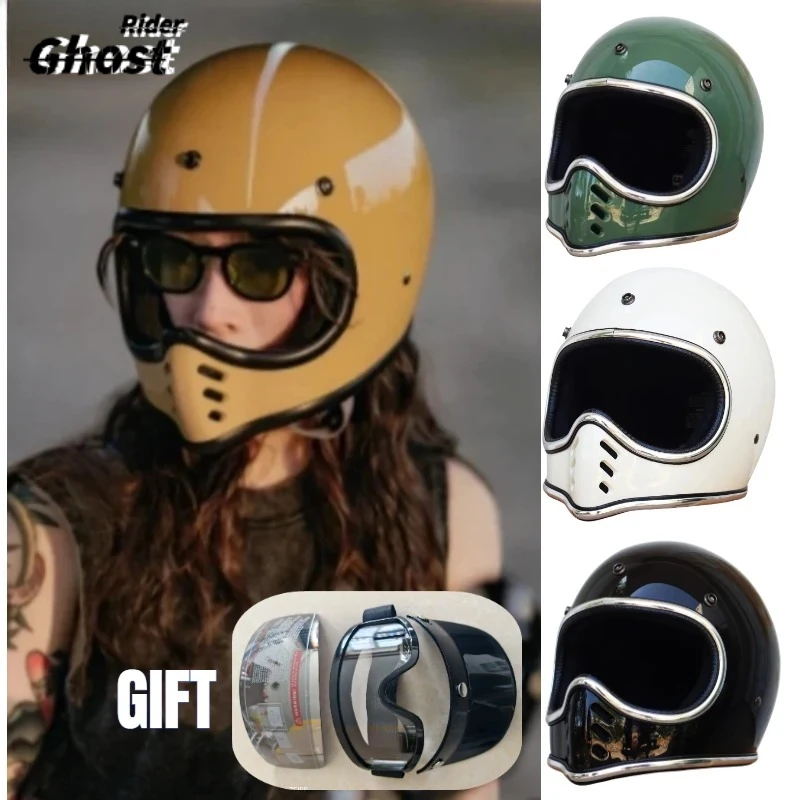 Pointed Nose Small Helmet Chrome Silver Rim Retro Motorcycle Fiberglass Helmet Four Season Full Face Helmet for Men and Women
