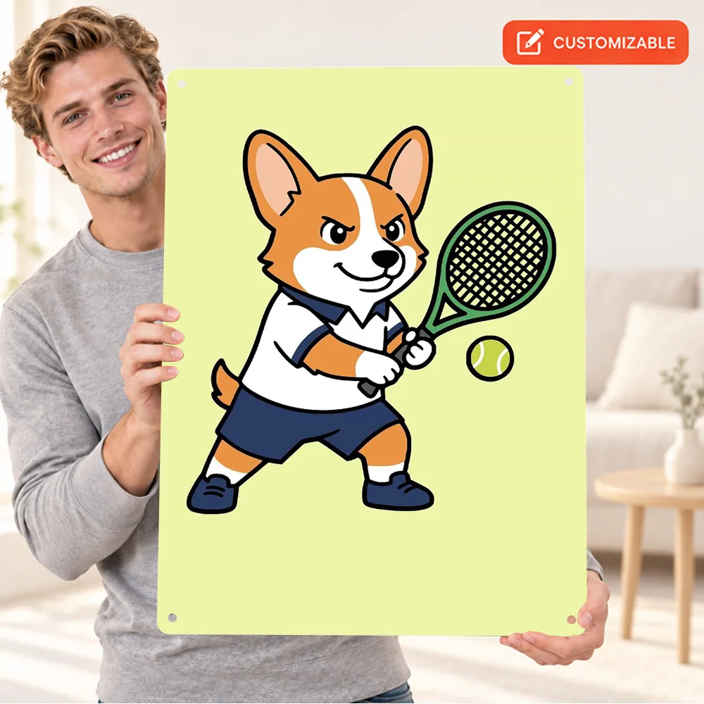 Cute Corgi Playing Tennis Cartoon Textured Metal Poster Customized Aluminum Sign Whimsical Illustration Wall Art For Playroom