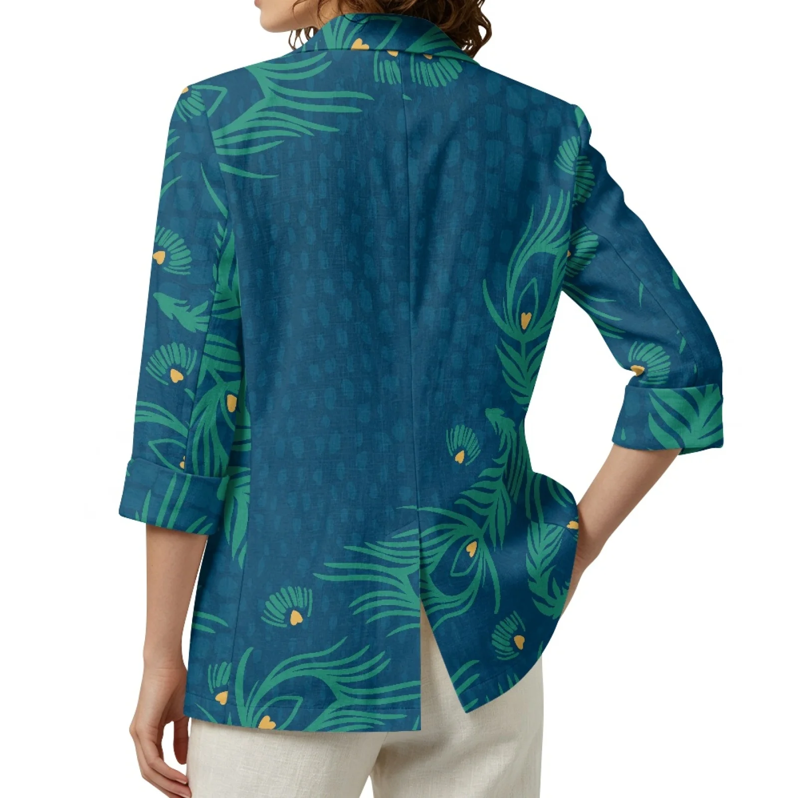 PENSTROLL Peacock Feather Linen Style Beach Cover Ups Open Front Jackets for Women S-3XL