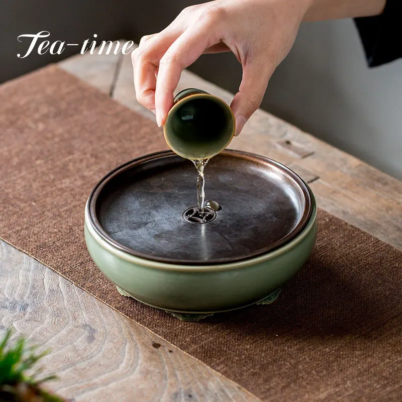 Handmade Yue Kiln Celadon Pot Bearing Holder with Copper Lid Retro Six Tripods Water Storage Tea Tray Household Tea Ceremony