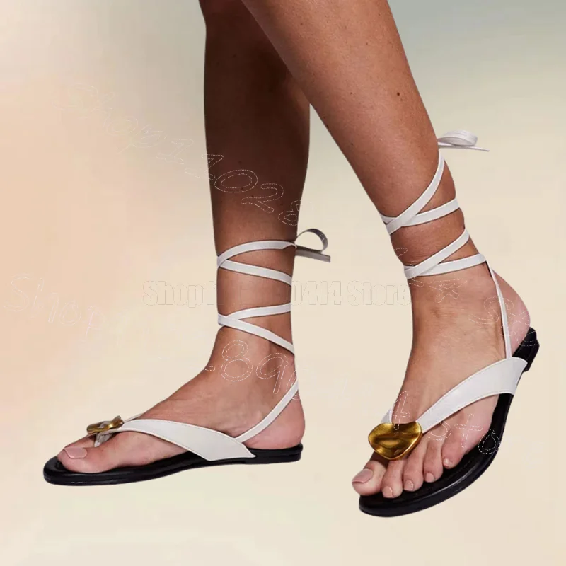 

Metal Decor White Flip Flop Twine Sandals Lace Up Women Shoes Low Top Sexy Fashion Party Banquet Dating 2025 Zapatos Para Mujere