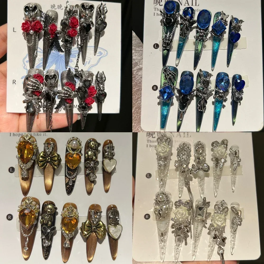 

10Pcs Handmade Luxury Long Pointed Shape Press On Acyrlic Nails 3D Flower Cat's Eye Shining Rhinestones False Nails Party Gift