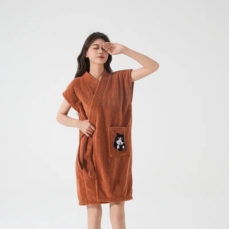 Cross-border Embroidered Bath Robe  Highly Absorbent Quickdrying Coral Fleece Sleeveless Summer Bathrobe Tie Belt Wearable Towel