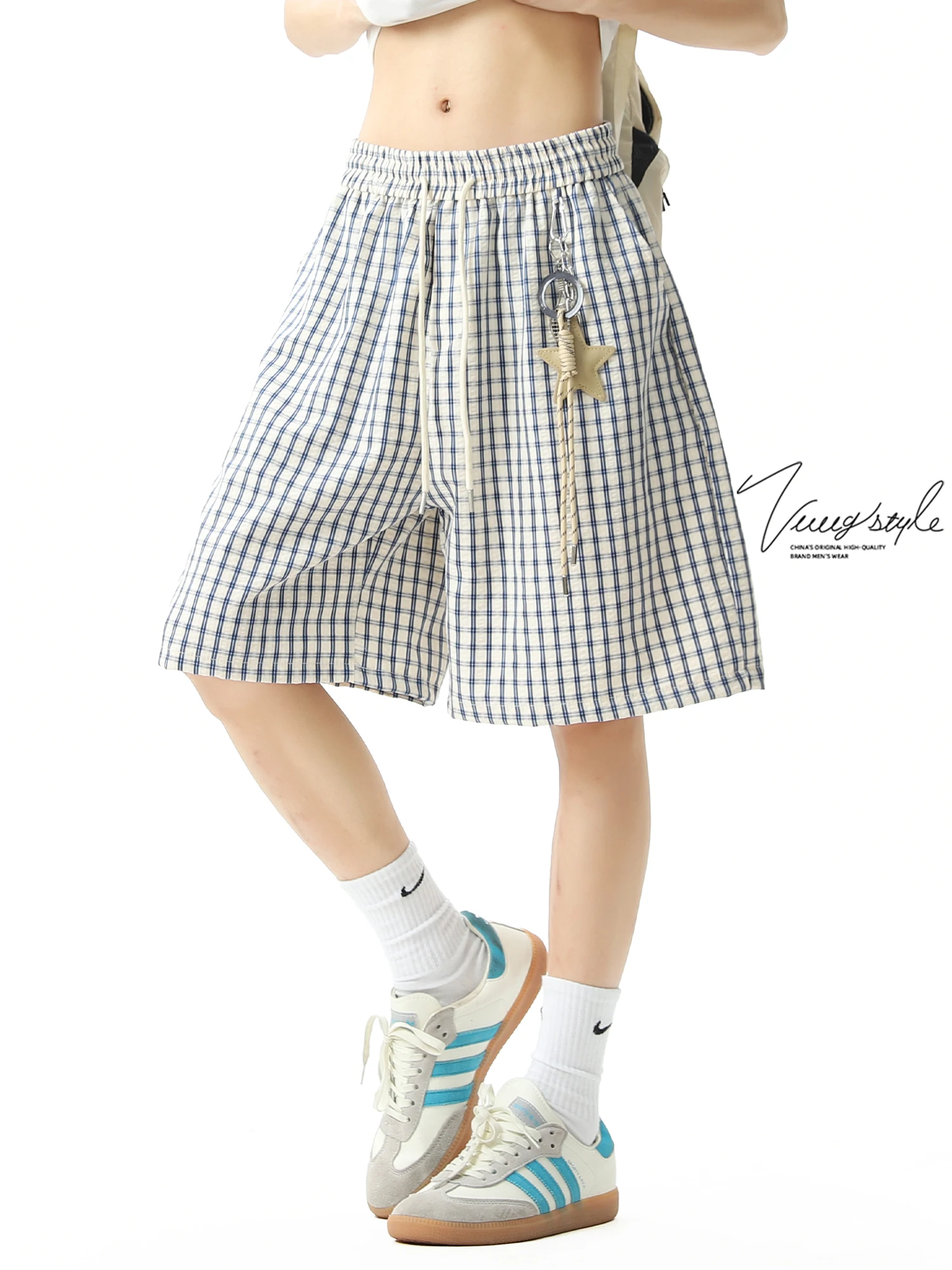 

Свободные мужские летние брюки в американском стиле, такая сухая уличная одежда, клетчатые повседневные брюки «пять четвертей», прямые брюки с эластичной резинкой на талии