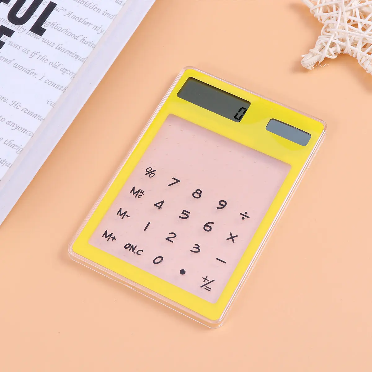 Solar Calculator Transparent Touch Panel 8-Digit LCD Screen Yellow Portable Compact Lightweight Home Office Supplies Touch