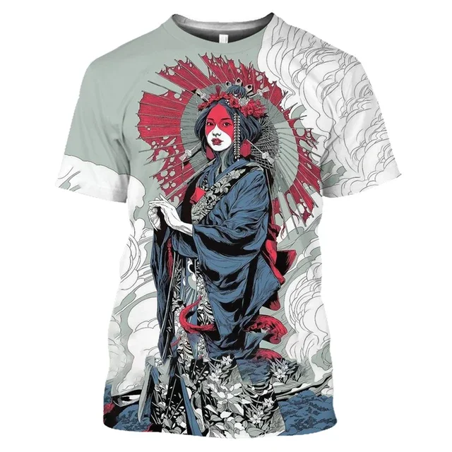 

Japanese Geisha Anime Style 3D Printed Round Neck Short Sleeve Summer Shirt Oversized Harajuku Street Casual Fashion Men's Tops
