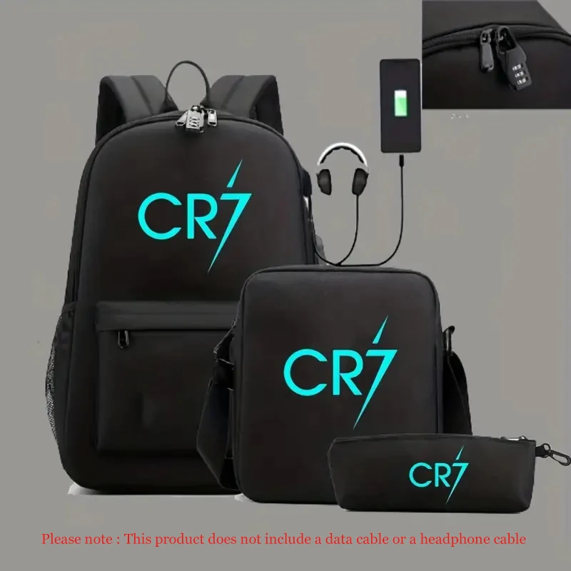 CR7 zaino luminoso Casual calcio sport borse da scuola USB ragazzi ragazze borsa a tracolla viaggio An-ti Lock capacità Mochilas