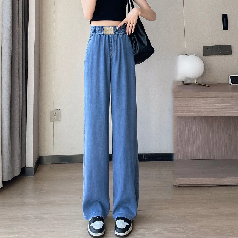 Ice Silk Thin Jeans For Women Summer Korean High Waist Straight Denim Pants Women Elastic Casual Jeans Femme