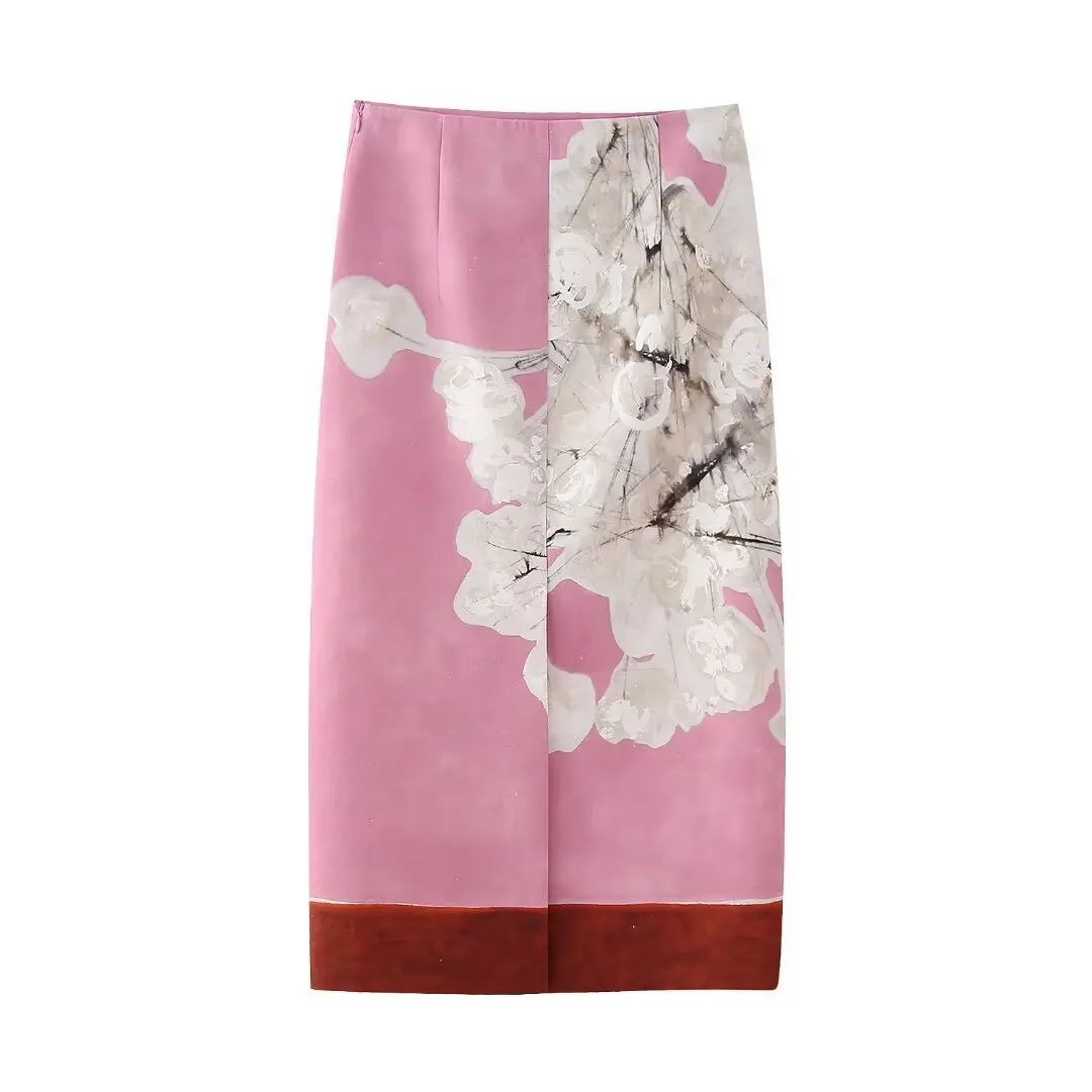 Summer Woman\'s Elegant Pink Floral Printed Skirt Vintage Mid-Waist Hem Slit Midi Pencil Skirts Zipper Female Casual Long Skirt