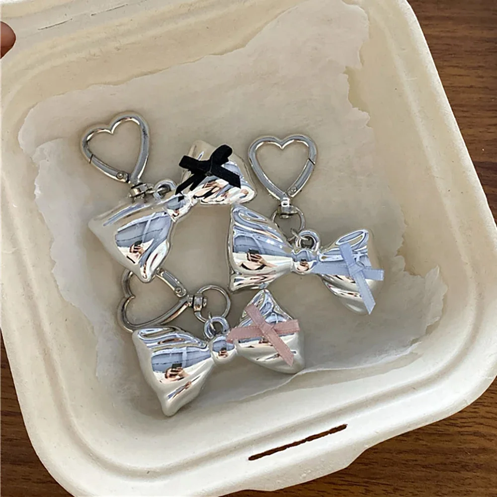 Punk Silver Color Bowknot Key Chain Sweet Ribbon Bow Phone Pendant Headphone Case Charm Bag Decor Car Key Ring Y2K Accessories