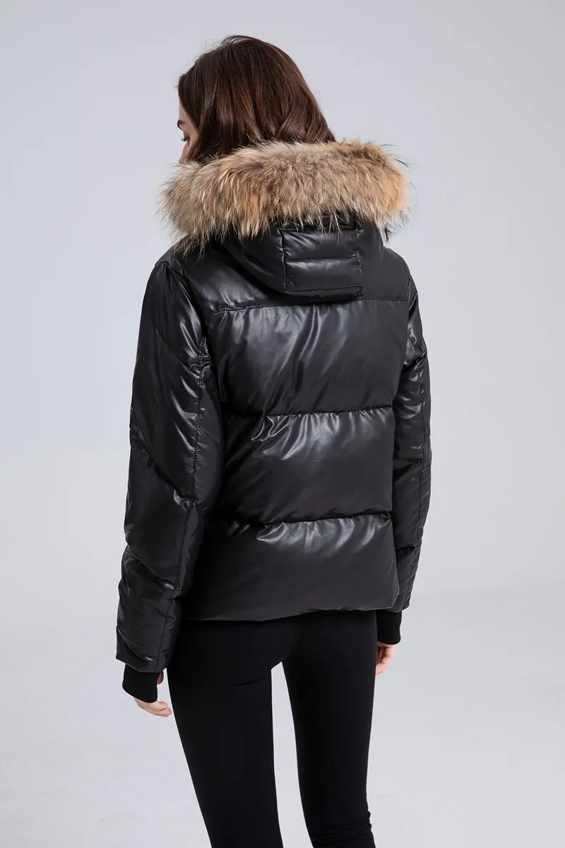 AS  winter Adult woman Vegan leather coat filled down warm jacket with big nature fur