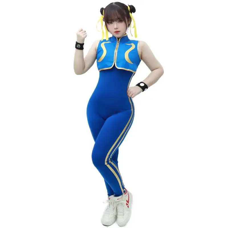 DAZCOS gry Chun Li przebranie na karnawał niebieski body gra bitewna body kobiety dziewczyny chun-li garnitur z bransoletką i gumki do włosów