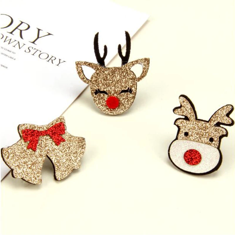 30pcs/lot Cartoon Glitter Christmas Deer Bell Patches Christmas Eve Decorating Accessories Handmade DIY Hairpin Materials