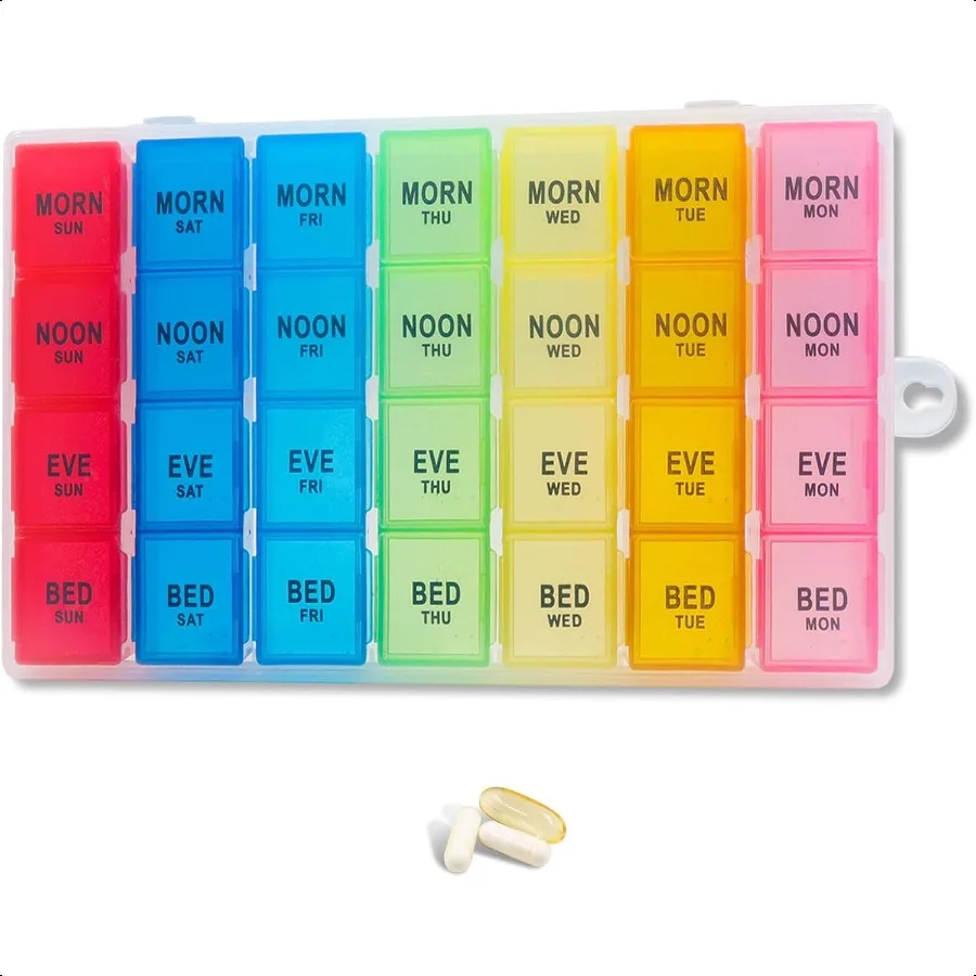 

Еженедельный органайзер для таблеток, 4 раза в день, коробки для таблеток на 7 дней, органайзер для ежемесячных лекарств, портативные отделения на 28 дней и защита от влаги