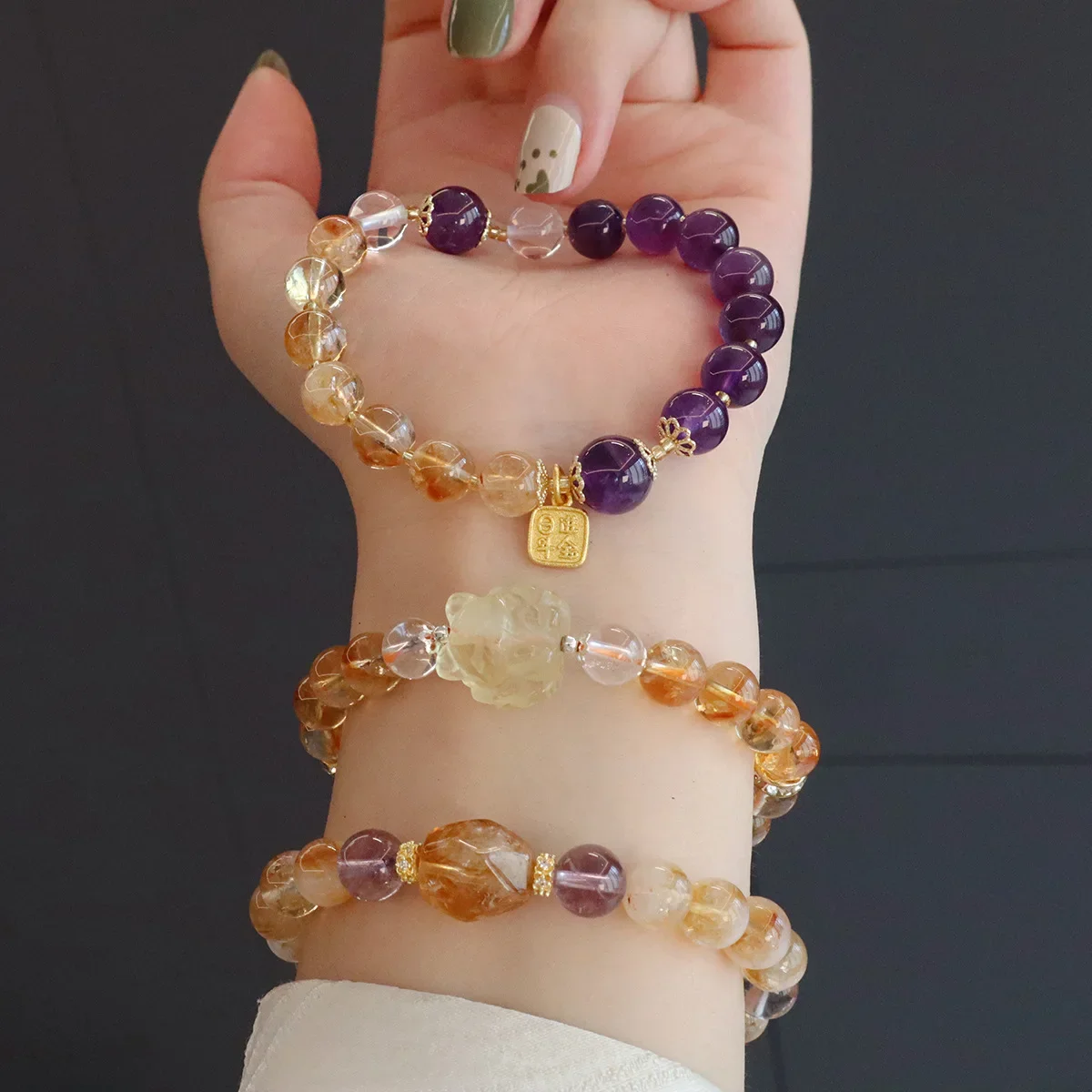 

Good Luck Stones Natural Yellow Tower Crystal Citrine Amethyst Beaded Bracelets Women Luxury Bangles Accessories Gifts YBR1232