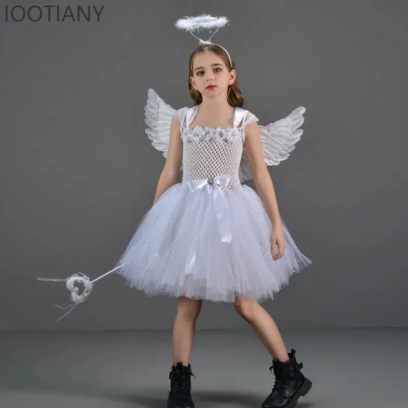 

Halloween Angel Costume White Dress Full Set Wings Headband Role Playing Costume Children's Dress Stage Performance Clothes 2025