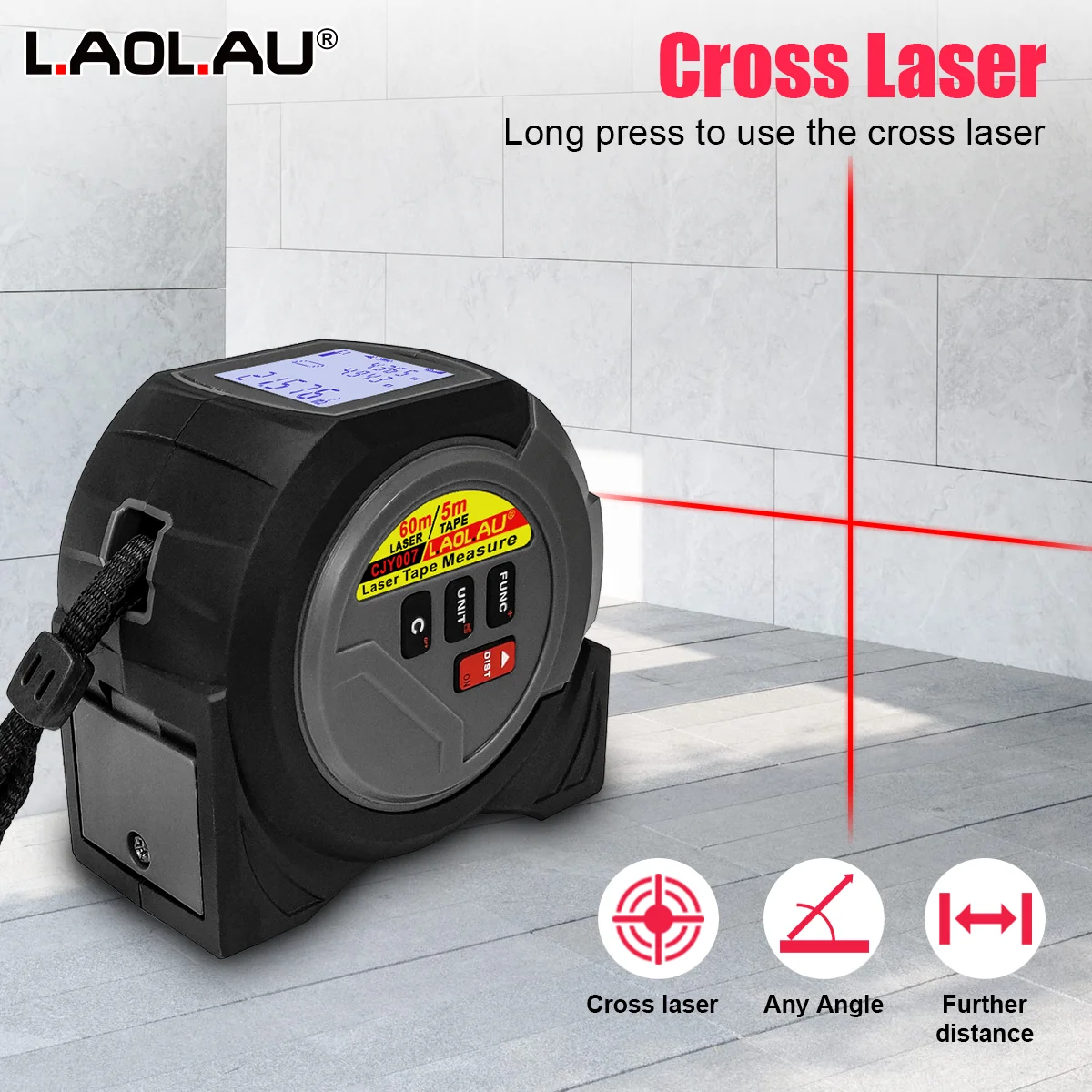 CJY007 3 in 1 Laser Rangefinder 5m Tape Measure 60M 40M Cross Line Laser Level Area Volume Pythagorean Waterproof Buckle