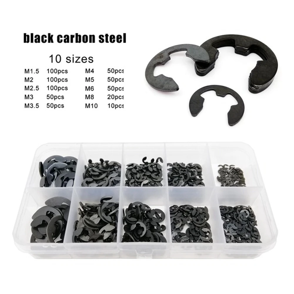 580 PCS Manganese Steel E-Type Retaining Ring Kit 1.5mm-10mm E-Type Split Retaining Ring E-Type Bearing Retaining Ring