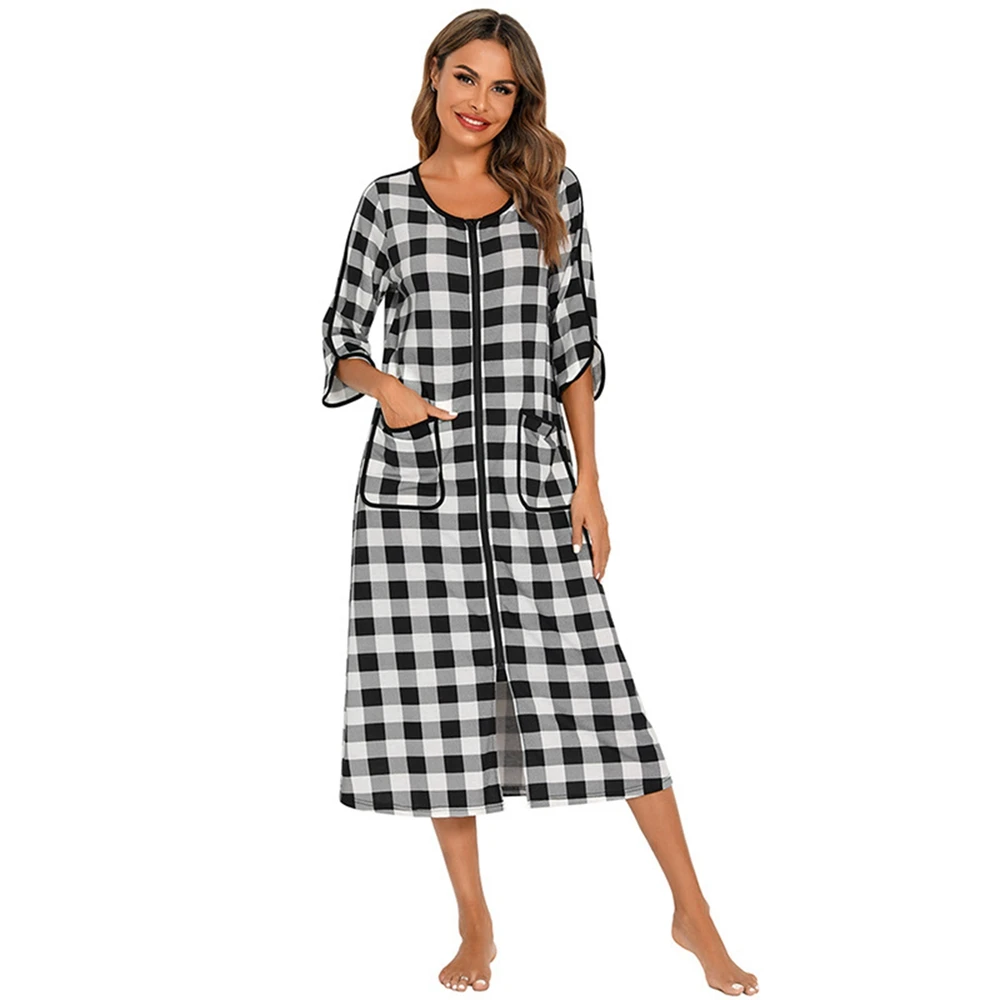 Autumn Winter Women Zip up Sleepdres Loose Nightgowns Spa Bathrobe Crewneck Soft Striped Sleepshirt Loungewear Sleepwear with Po