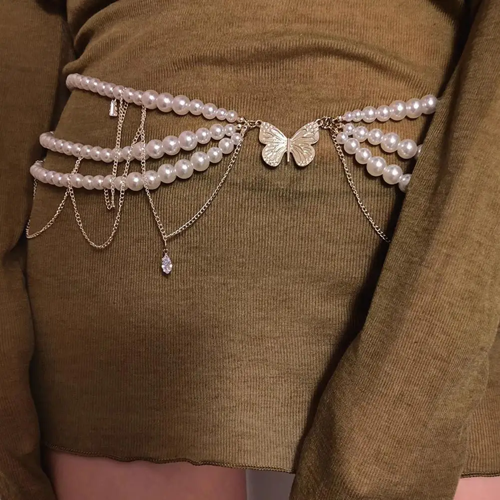 Pasek Y2K Designer Biżuteria Wielowarstwowy Łańcuszek na Pas z Perłami dla Kobiet Moda Retro Postać do Odgrywania Akcesoria na Ciało Paski na Imprezę