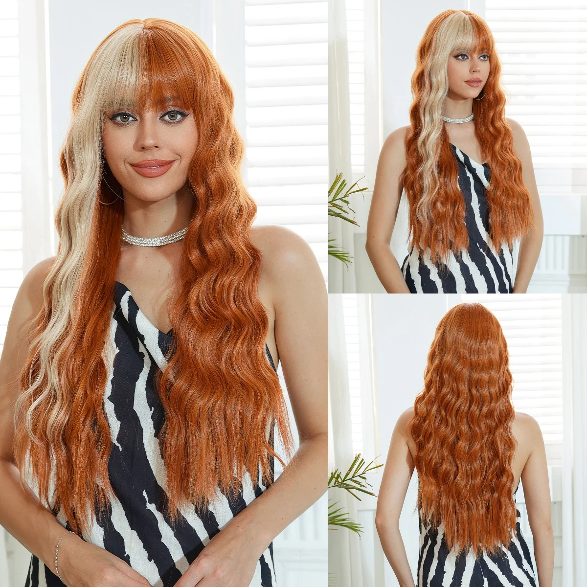 ALAN EATON Long Wavy Synthetic Wigs Orange Platinum Highlights Wig with Bangs for Women Daily Party Use Wig Heat Resistant Fiber