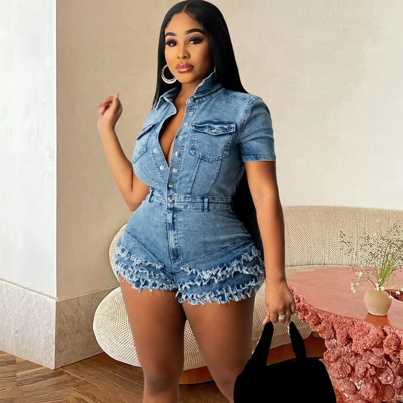 

KEXU Elegant Women Jeans Playsuit Tassel Hem Short Sleeve Buttoned Short Jumpsuit 2024 New Fashion Denim Above Knee Romper