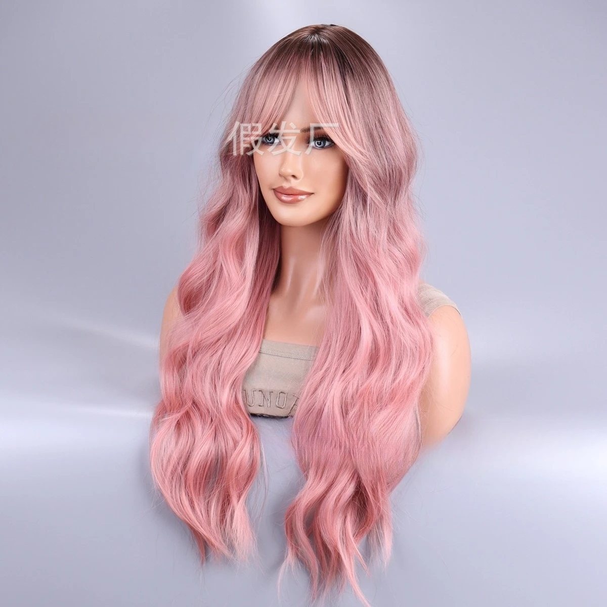 

Розовый мелирование с наклонной челкой, длинный волнистый парик для женщин, длинный вьющийся синтетический парик для ежедневного использования