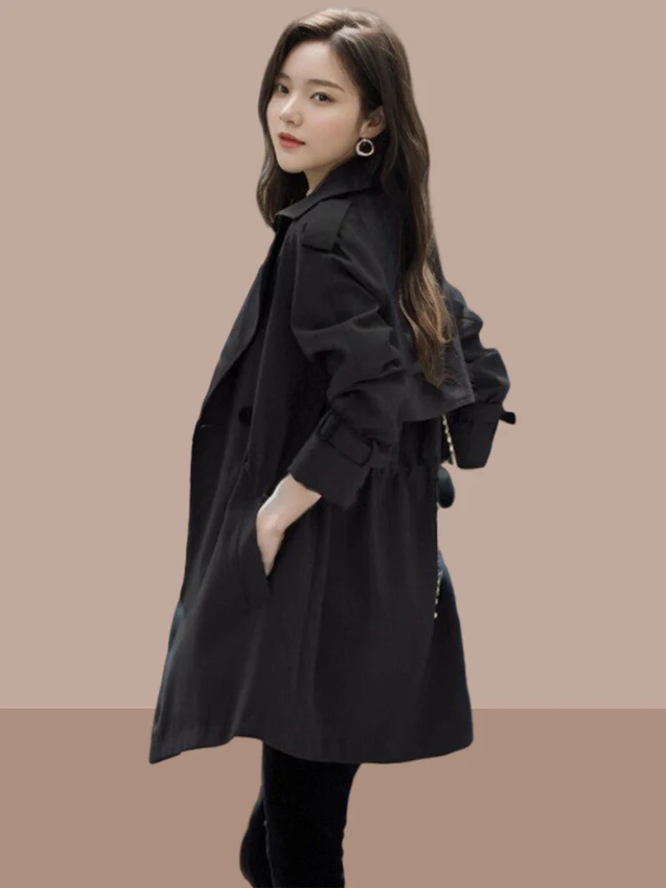 Stylish British Style Women's Mid-Length Coat Spring Autumn Fashionable Outerwear Korean Version Polyester Fabric Long Sleeve