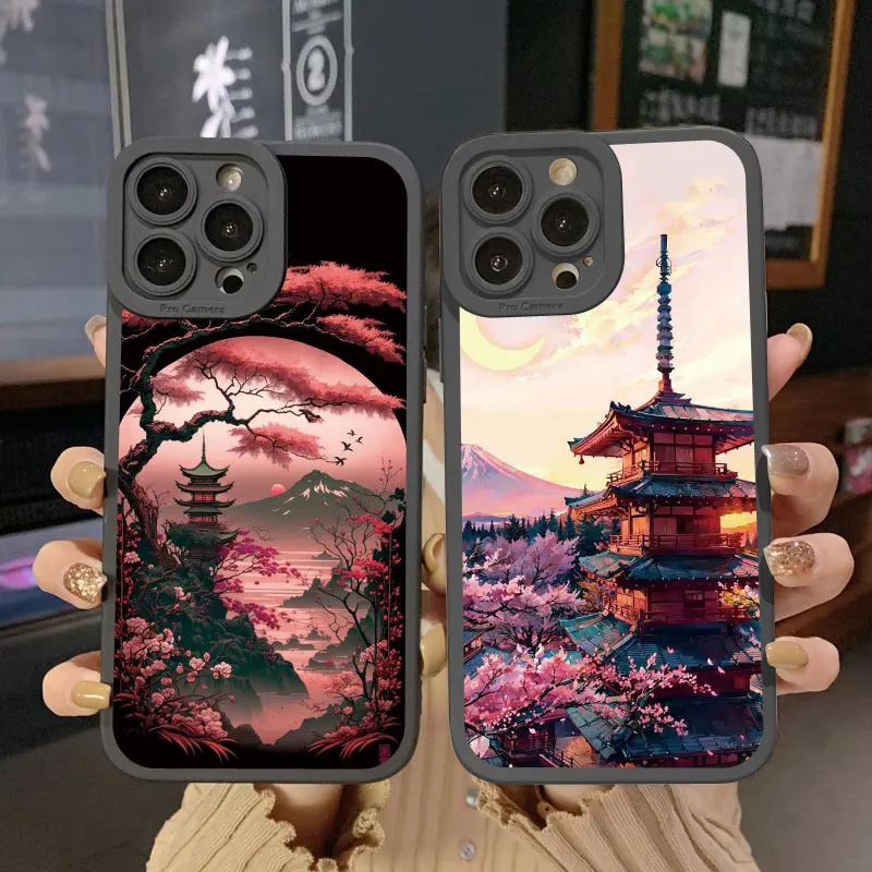 Japanese Ancient Tower Fuji Snow Mountain Phone Case For iPhone 12 13 11 14 Pro Max 7 8 Plus SE20 XR XS X Silicone Back Cover