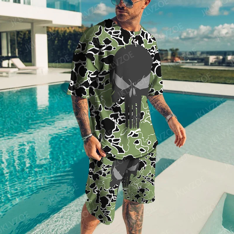 New Summer Men's Tracksuit Upscale Fashion 2 Pieces Bright Color Vintage Oversized Set Popular Skull Casual Handsome Streetwear