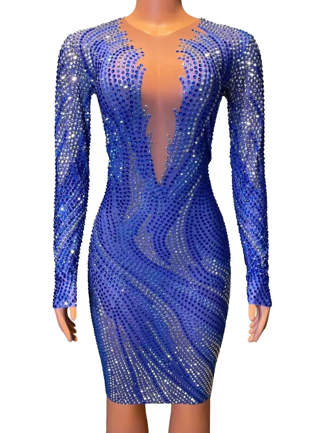 

Women Sexy Stage Sparkly Blue Rhinestones Mesh See Through Short Dress Celebrate Evening Birthday Wedding Dress