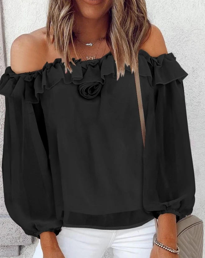 Shirt for Women 2024 Summer One Line Neck Solid Color Pullover Rose Detail Ruffle Hem Off-Shoulder Bubble Sleeve Top Y2K Clothes