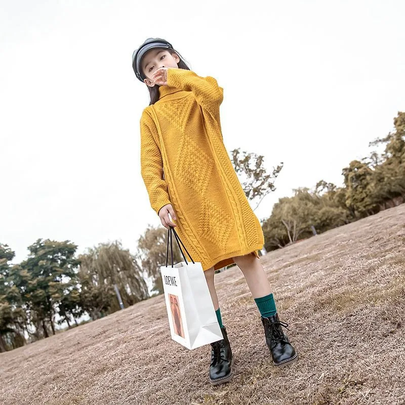 2025 New Stylish Girl Big Kids Long Over The Knee Turtleneck Sweater Dress One Piece Autumn Winter