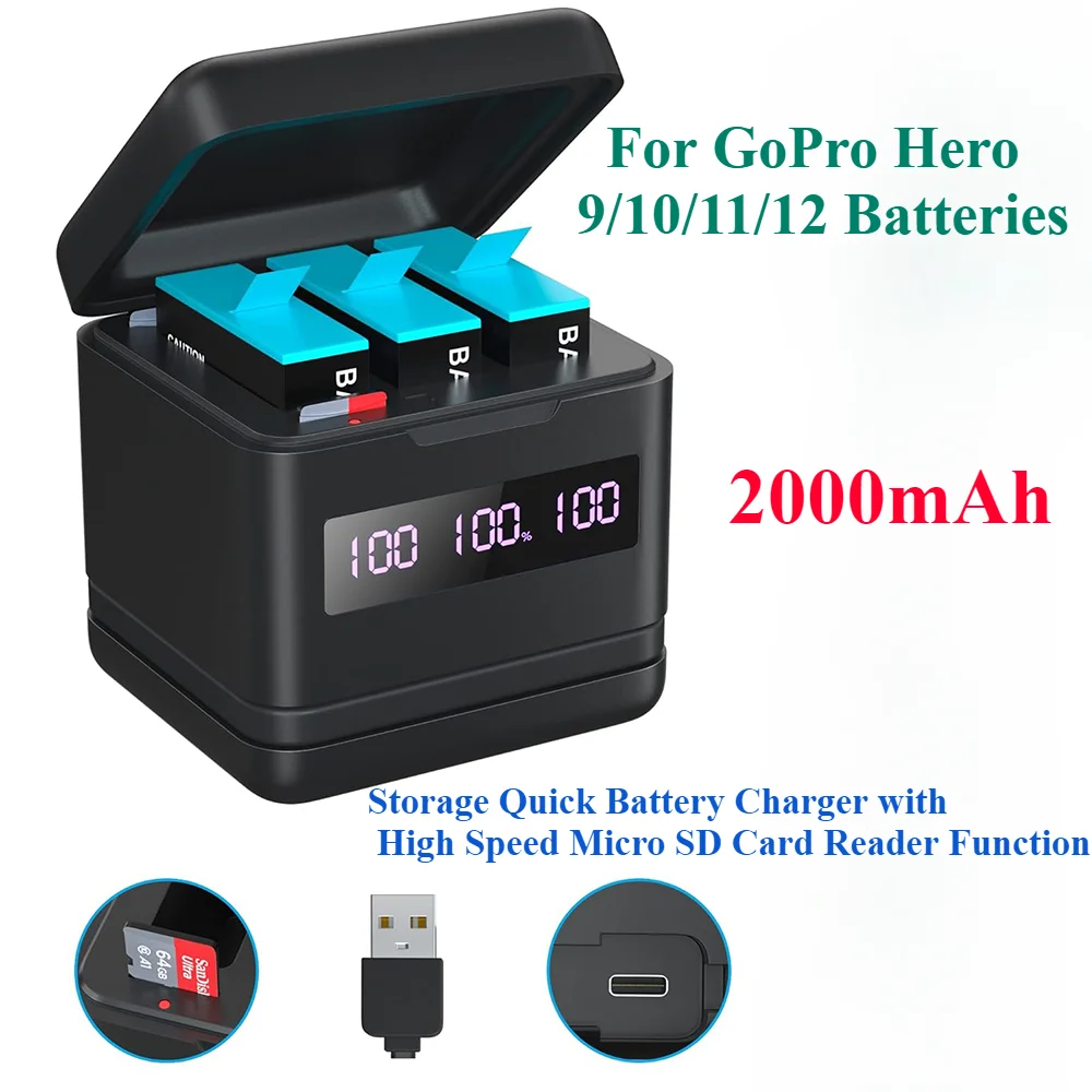 

Batteries and Storage Quick Battery Charger with High Speed Micro SD Card Reader Function 2000mAh for GoPro Hero 9/10/11/12