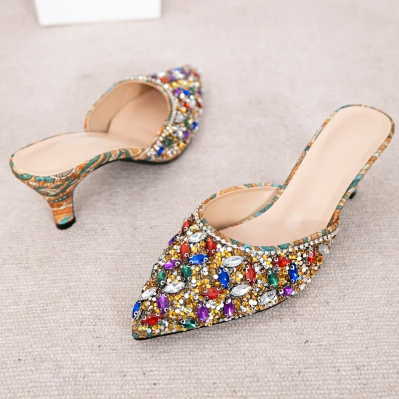 Luxury Rhinestone Kitten Heel Slippers Women Pointed Tou Slides Designer mules Party Shoes Fashion Shiny Heels Women Sandals view 2
