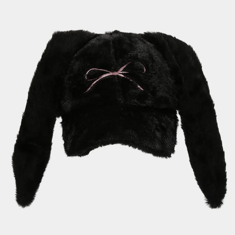 Women Fuzzy Bunny Ear Baseball Cap with Pink Bow Embroidery Adjustable Winter Warm Hat Black Beige view 6