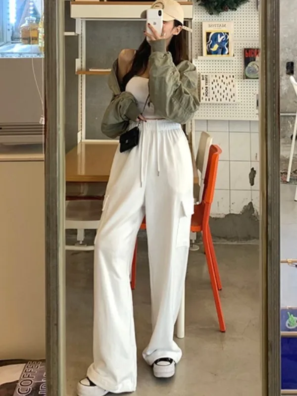 Calças casuais chiques com cinto de cintura alta American Sle Faionable Calças de trabalho de pernas largas com grandes chuteiras para mulheres
