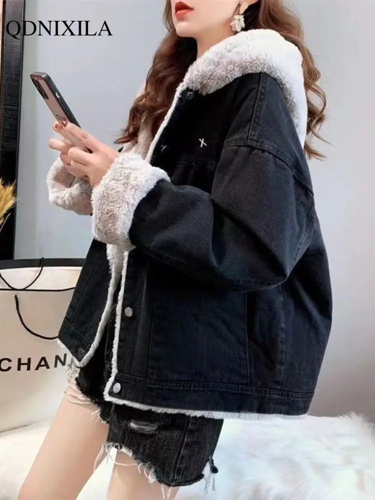 2023 Winter Spring New In Women\'s Denim Jacket Blue with Hat Hoodie Fashion Oversize Embroidered Streetwear Jean Coat Outerwears