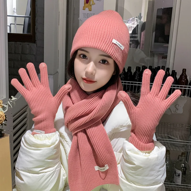 Winter Wool Knitted Hat Scarf Women Scarf Gloves Set Comfortable Soft Casual Cashmere Warm Hat Outdoor Windproof Riding Cap Set
